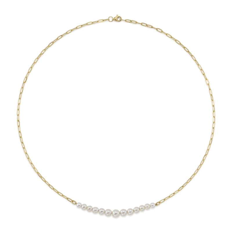 14K Yellow Gold Cultured Pearl Paper Clip Link Necklace