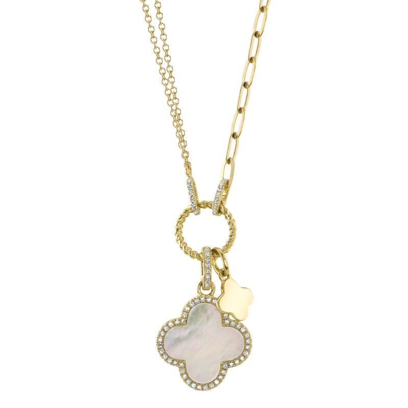 0.17Ct Diamond & 1.36Ct Mother Of Pearl 14K Yellow Gold Clover Paper Clip Link Necklace