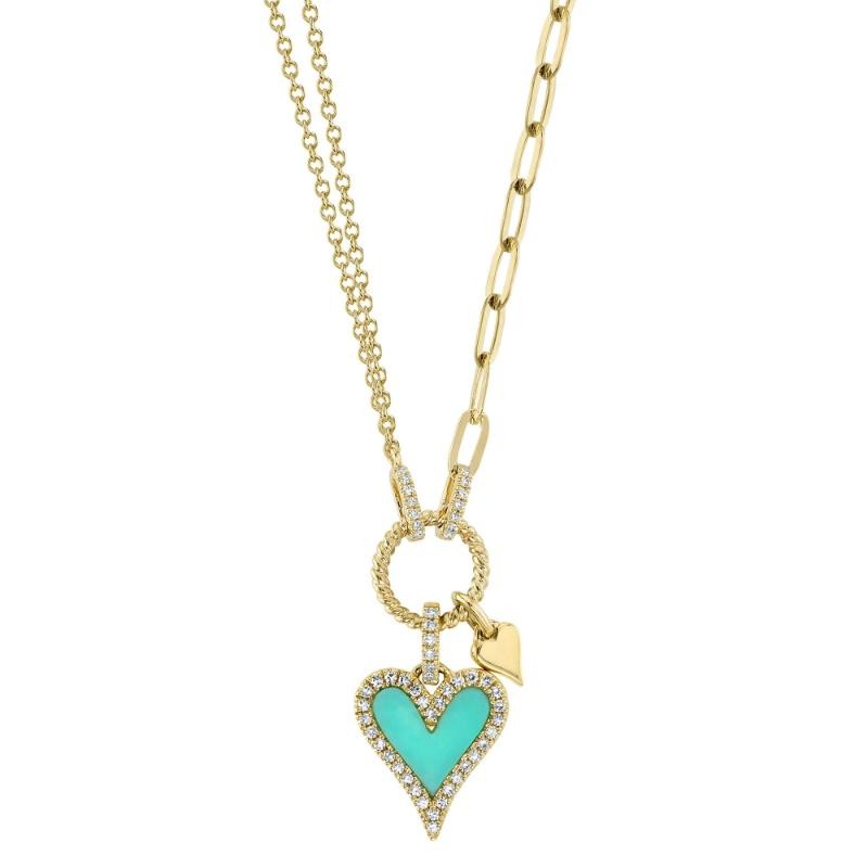 0.13Ct Diamond & 0.39Ct Composite Turquoise 14K Yellow Gold Heart Paper Clip Link Necklace