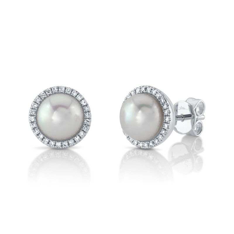 0.16Ct 14K White Gold Diamond & Cultured Pearl Stud Earrings