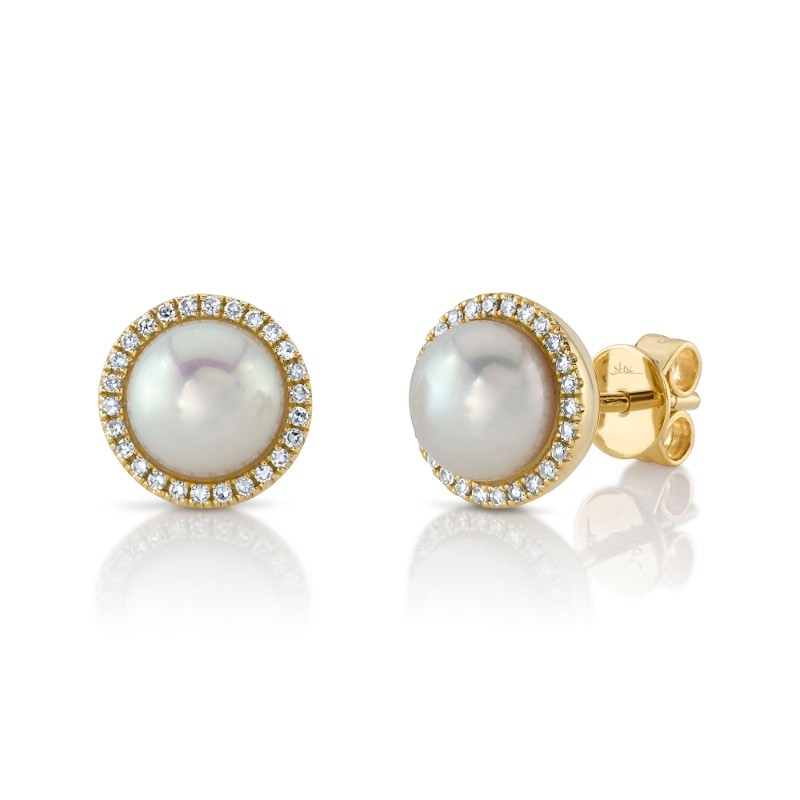14K Yellow Gold Diamond And Cultured Pearl Stud Earrings