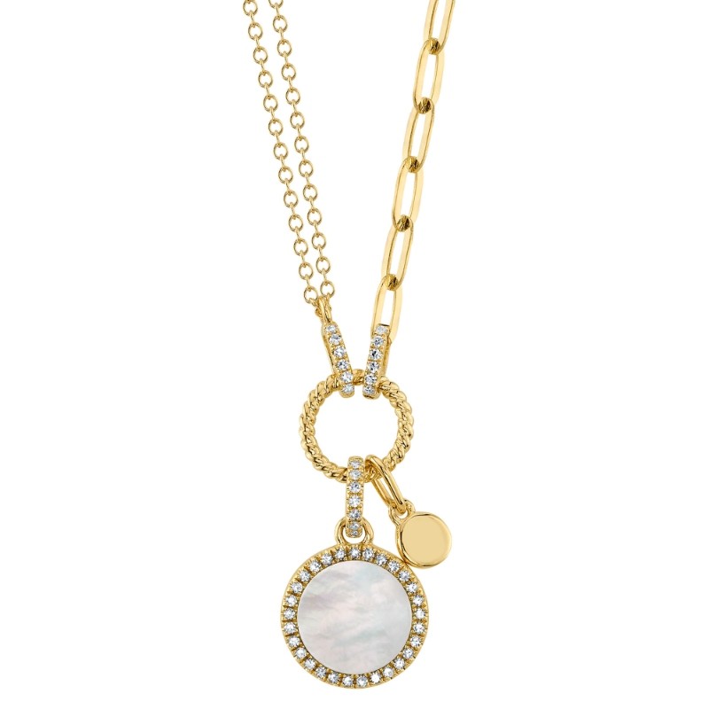0.13Ct Diamond & 0.57Ct Mother Of Pearl 14K Yellow Gold Circle Paper Clip Link Necklace
