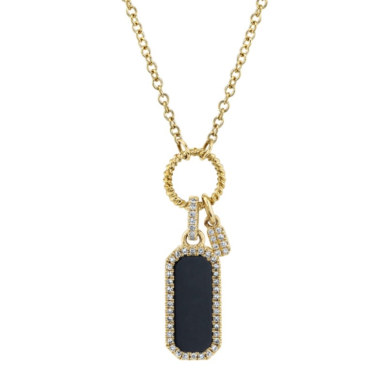 Shy Creation Natural Onyx Pendant Necklace 1/10 Ct Tw Diamonds 14K Yellow Gold 18