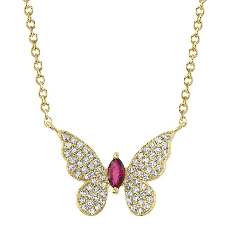 0.16Ct Diamond & 0.09Ct Ruby 14K Yellow Gold Marquise Butterfly Necklace