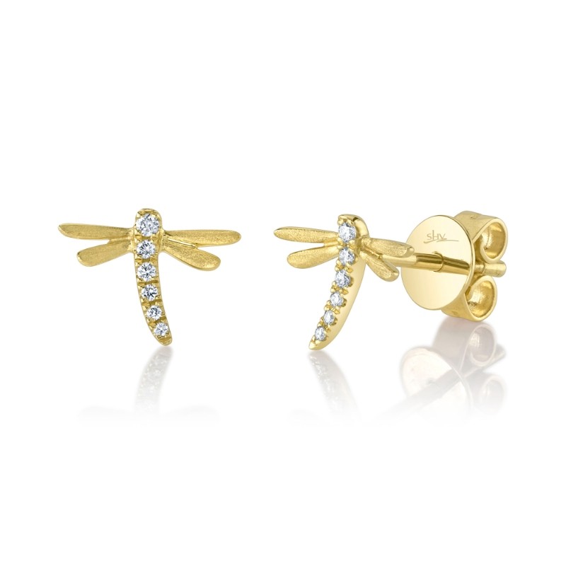 0.05Ct 14K Yellow Gold Diamond Dragonfly Matte Earrings