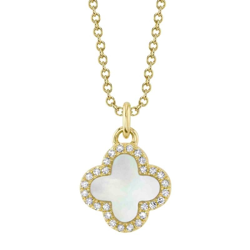 0.08Ct Diamond &  0.41Ct Mother Of Pearl 14K Yellow Gold Clover Necklace