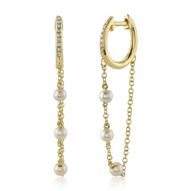 0.05Ct 14K Yellow Gold Diamond & Cultured Pearl Huggie Earrings