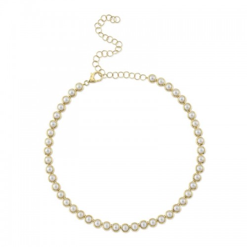 14K Yellow Gold Cultured Pearl Bezel Tennis Necklace