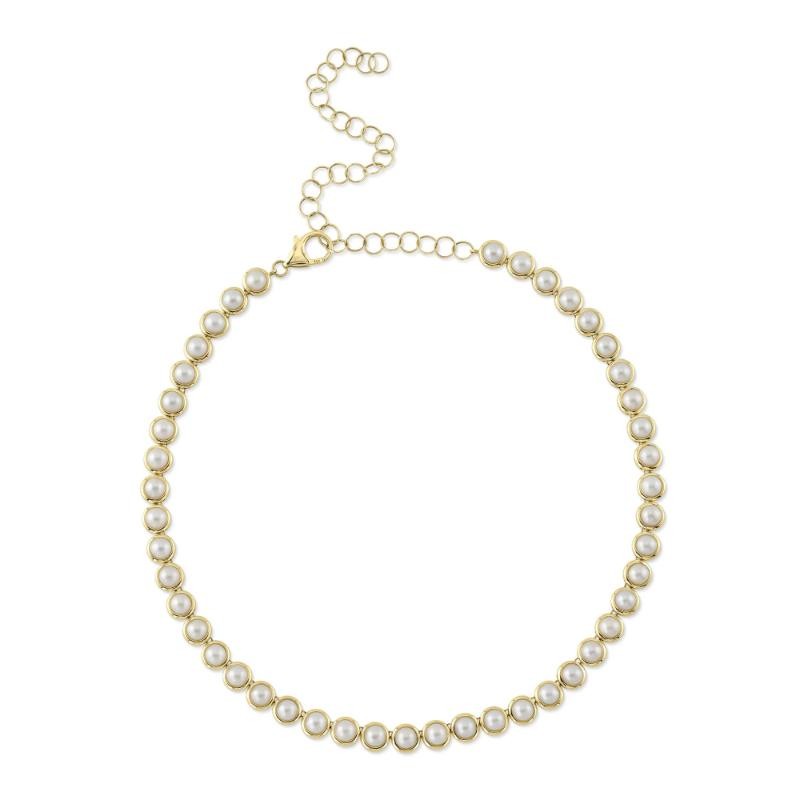 14K Yellow Gold Cultured Pearl Bezel Tennis Necklace