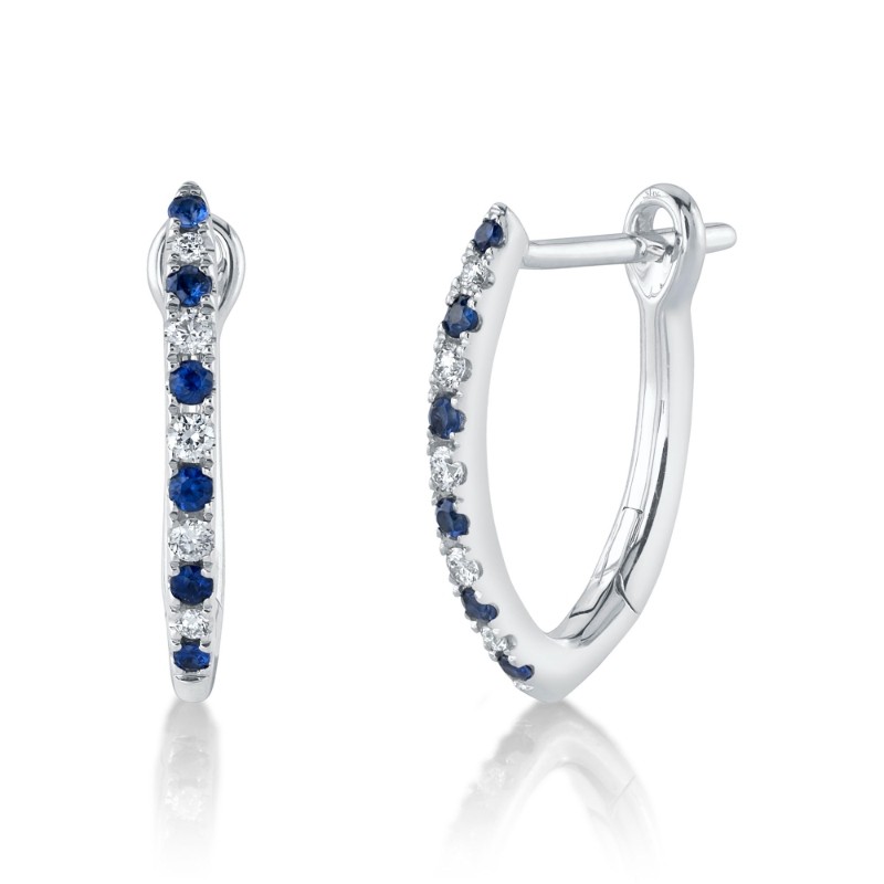 0.09Ct Diamond & 0.14Ct Blue Sapphire 14K White Gold Hoop Earrings