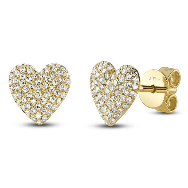 0.28Ct 14K Yellow Gold Diamond Pave Heart Stud Earrings