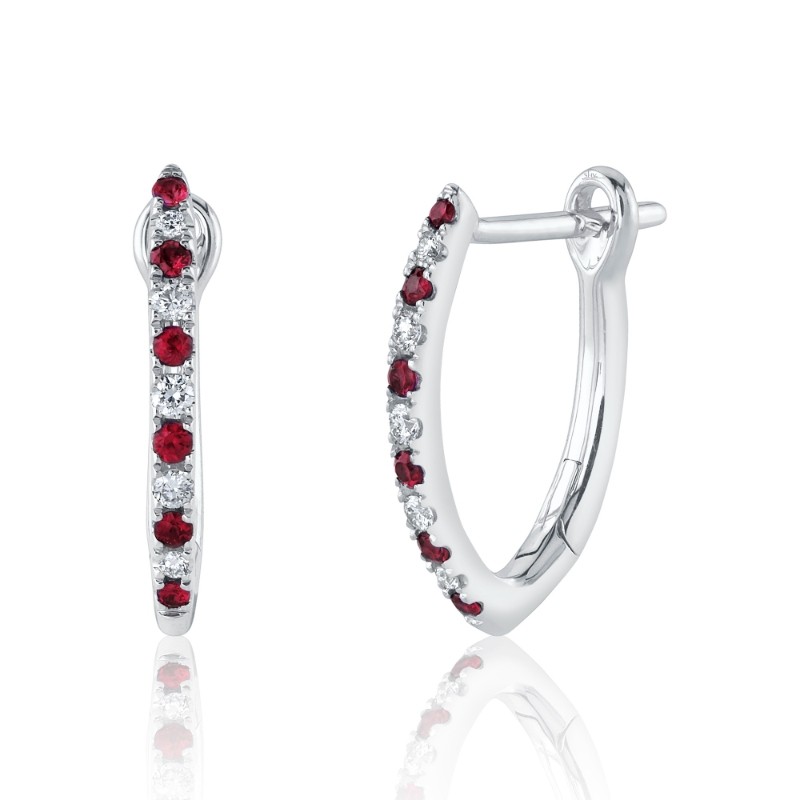 0.09Ct Diamond & 0.14Ct Ruby 14K White Gold Hoop Earrings