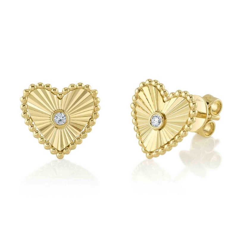 0.04Ct 14K Yellow Gold Diamond Bezel Ribbed Heart Stud Earrings