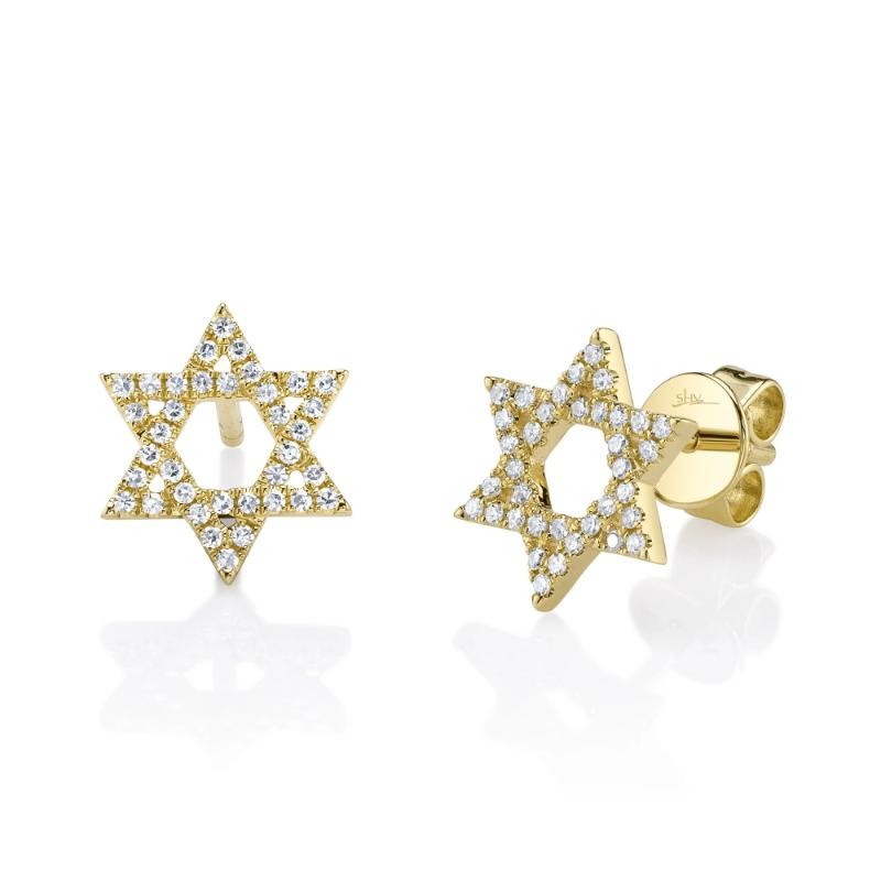 0.16Ct 14K Yellow Gold Diamond Star Of David Stud Earrings
