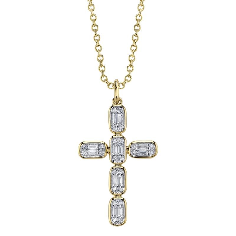 0.30Ct 14K Yellow Gold Diamond Baguette Cross Necklace