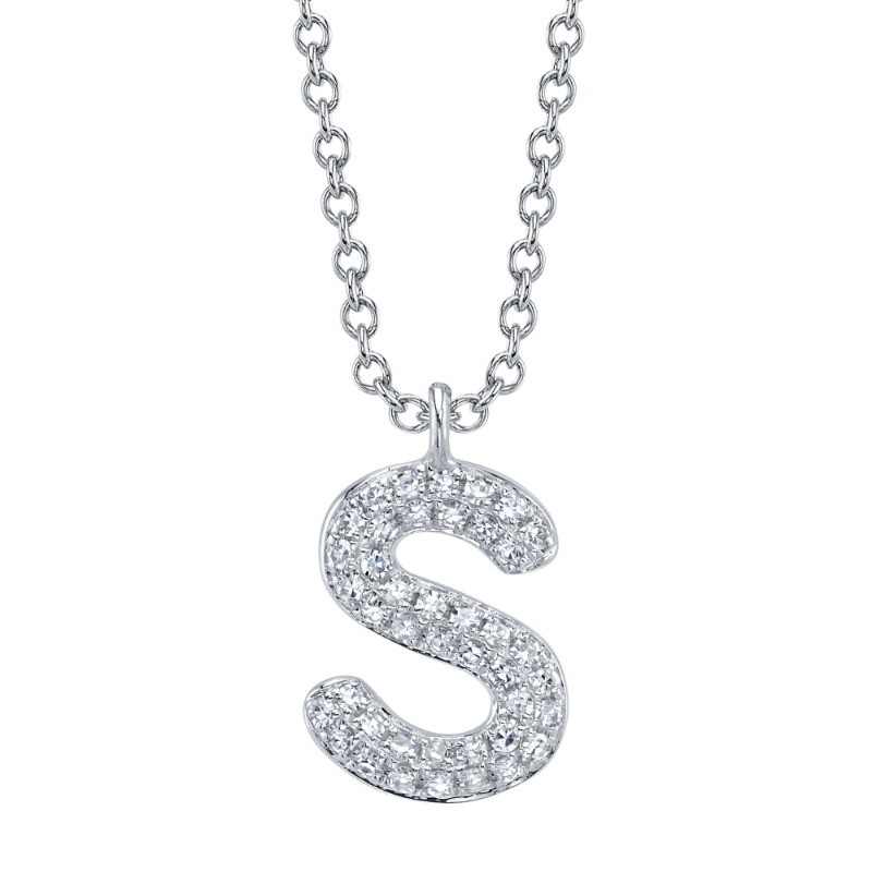 0.09Ct 14K White Gold Diamond Pave Necklace - Initial S