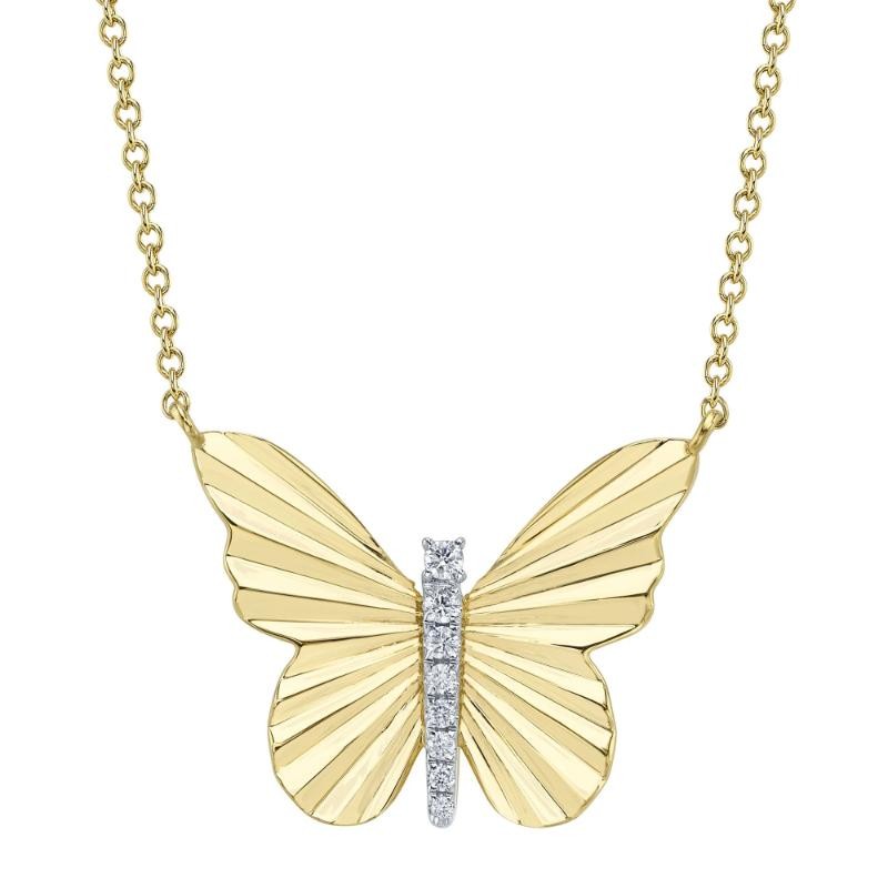 0.06Ct 14K Yellow Gold Diamond Ribbed Butterfly Necklace