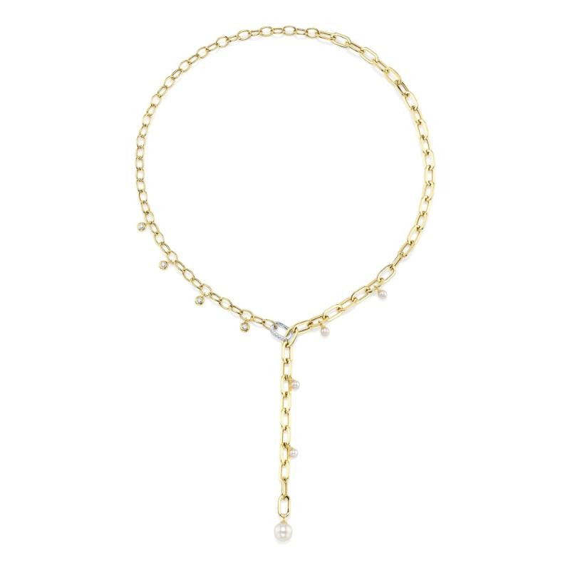 0.27Ct 14K Two Tone Diamond & Cultured Pearl Bezel Paper Clip Link Necklace