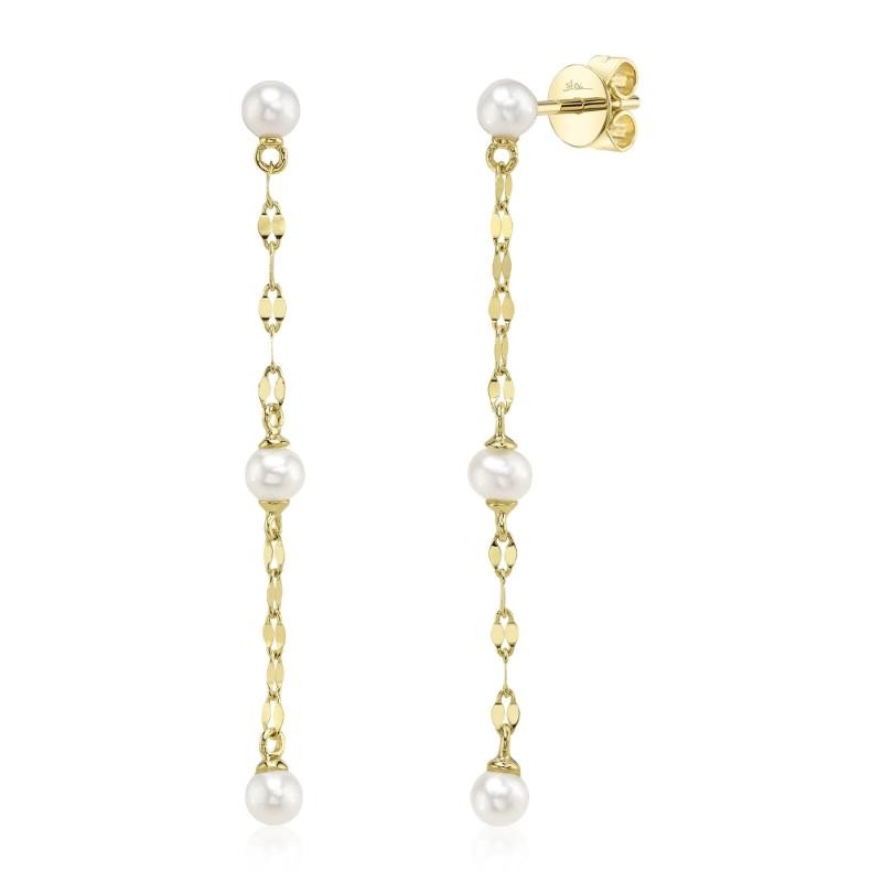 14K Yellow Gold Cultured Pearl Sparkle Chain Earrings