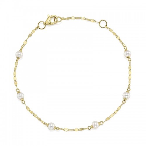 14K Yellow Gold Cultured Pearl Sparkle Chain Bracelet