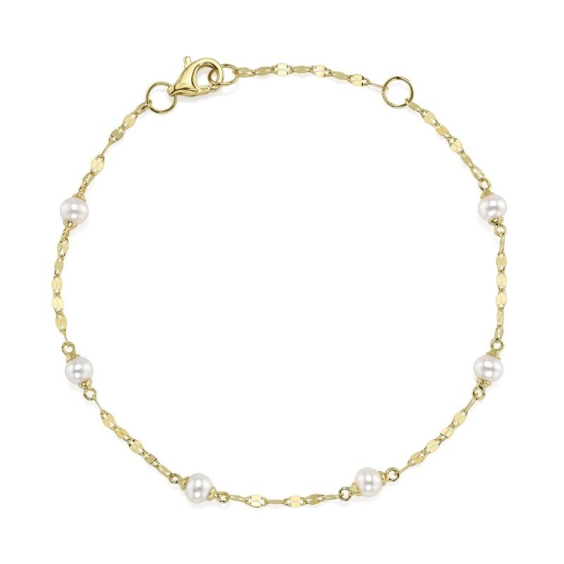 14K Yellow Gold Cultured Pearl Sparkle Chain Bracelet