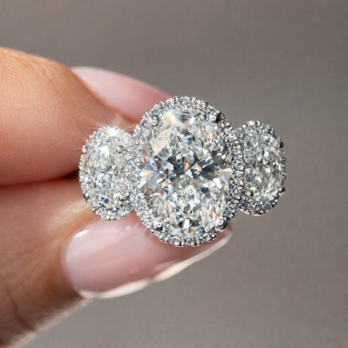 White Gold Oval Halo Three Stone Pavé Engagement Ring