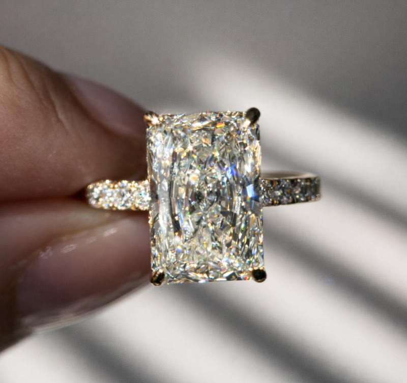 5.15 Carats Yellow Gold Radiant Cut Hidden Halo Diamond Engagement Ring