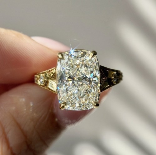 6.06 Carats Yellow Gold Vintage Cushion Cut Engagement Ring