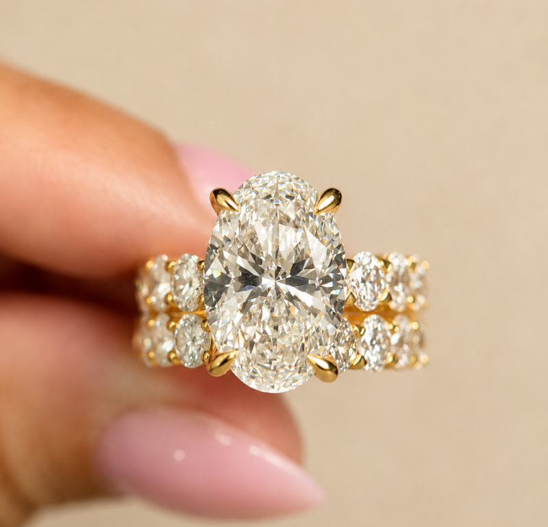 9.91 Carat Oval Cut Shared Prong Diamond Bridal  Ring Set