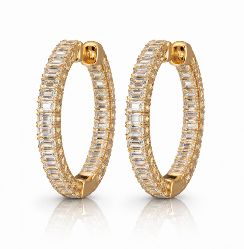 14K Gold Emerald Cut Diamond  In-Out Hoop Earrings