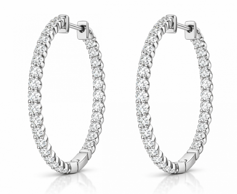 3.00 Carat Round  In & Out Diamond Hoop Earrings