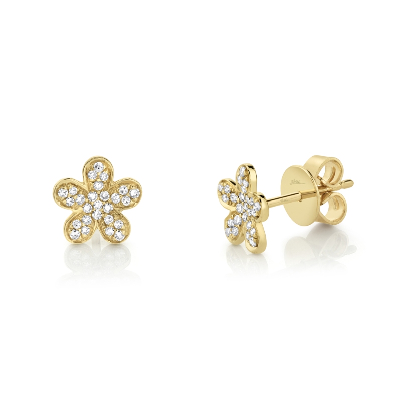 0.16Ct 14K Yellow Gold Diamond Flower Stud Earrings