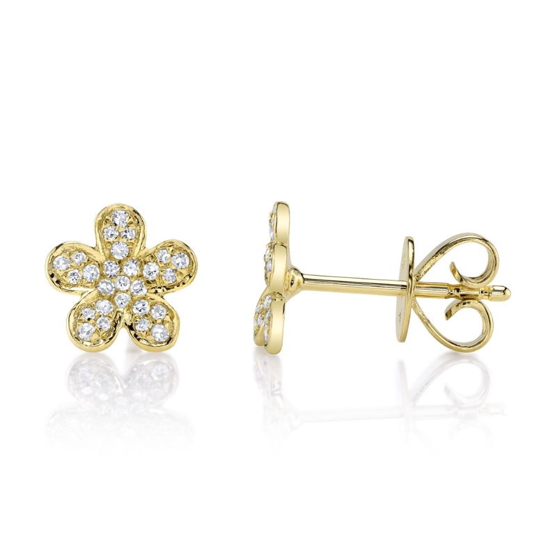 0.16Ct 14K Yellow Gold Diamond Flower Stud Earring