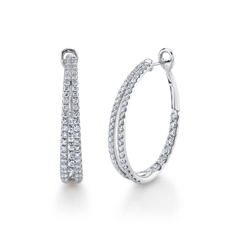 A Pair Of 14K White Gold And Diamond Oval-Shaped Hoop Earrings That Are Set With Diamonds Weighing 2.67 Carat Total. G/H, Vs-Si