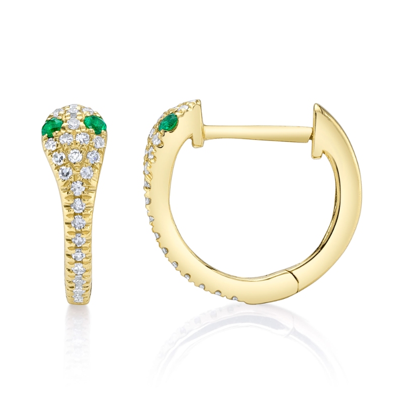 0.11Ct Diamond & 0.07Ct Emerald 14K Yellow Gold Snake Huggie Earring