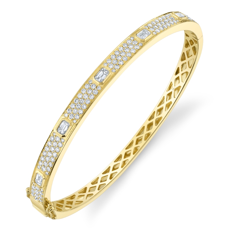 1.80Ct 14K Yellow Gold Diamond Emerald Bezel Pave Bangle