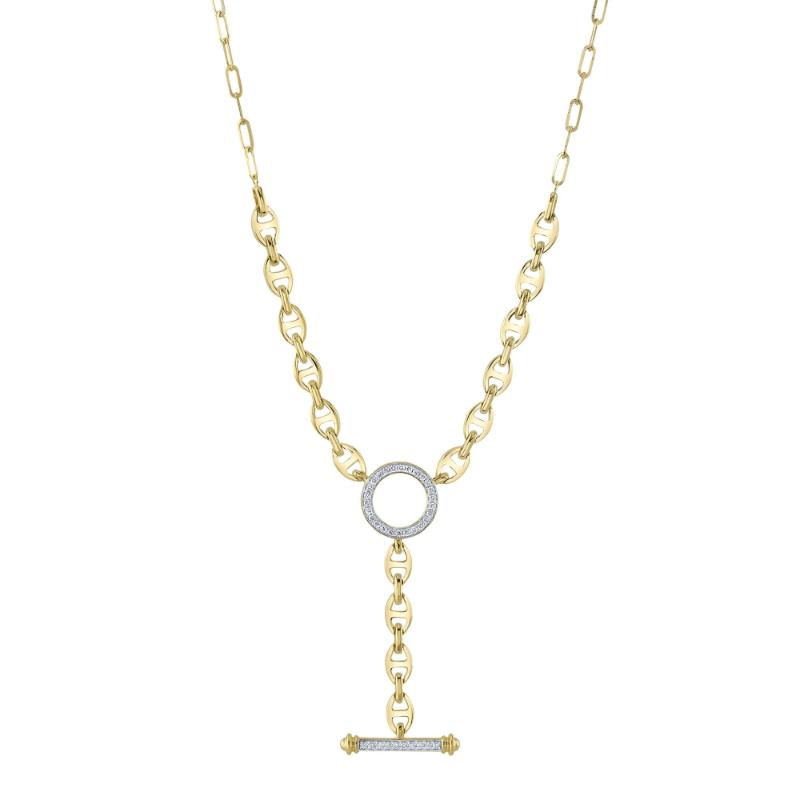 0.24Ct 14K Yellow Gold Diamond Circle Link Lariat Necklace