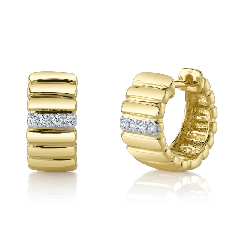 0.09Ct 14K Yellow Gold Diamond Ribbed Huggie Earrings