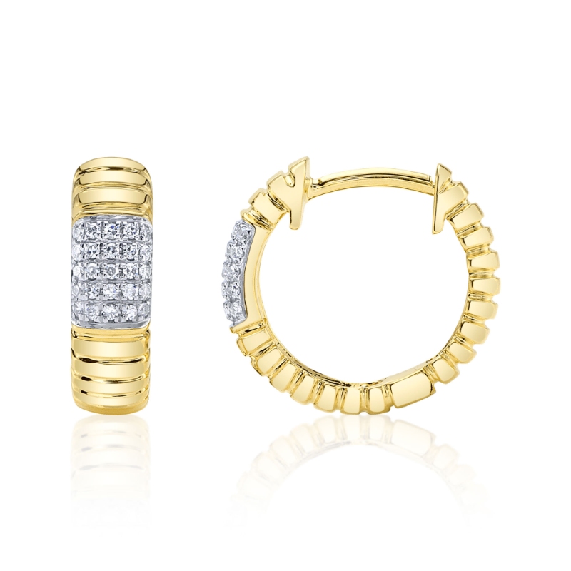 0.11Ct 14K Yellow Gold Diamond Pave Ribbed Huggie Earring