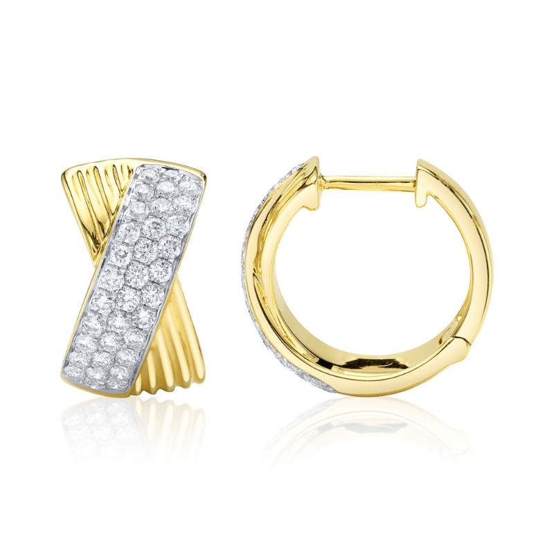0.80Ct 14K Yellow Gold Diamond Pave Ribbed Hoop Earring