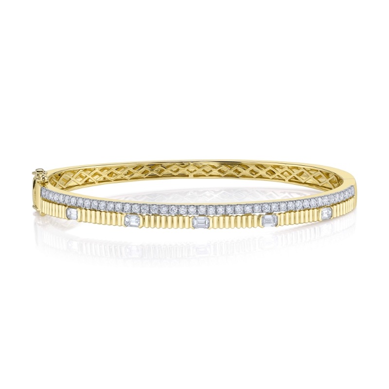 1.13Ct 14K Yellow Gold Diamond Emerald Ribbed Bangle