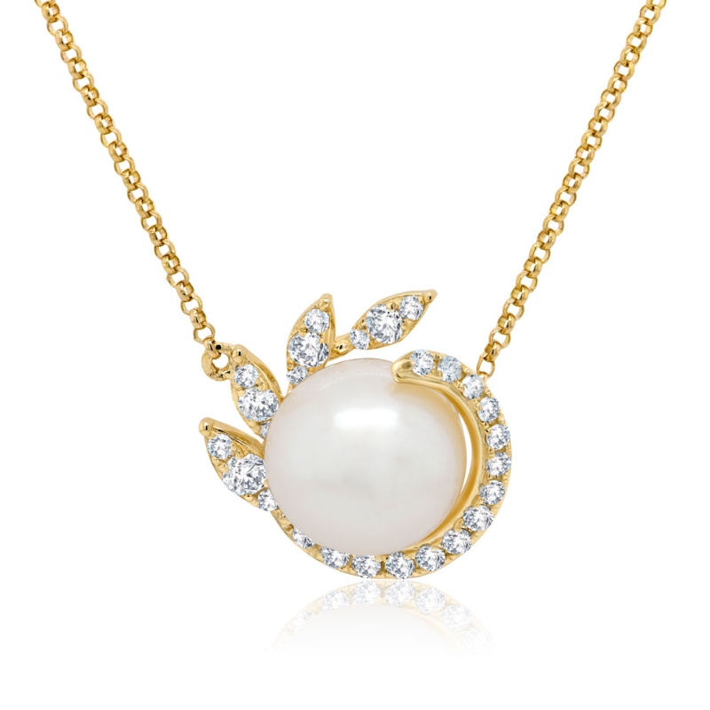 0.25Ct 14K Yellow Gold Diamond & Cultured Pearl Necklace