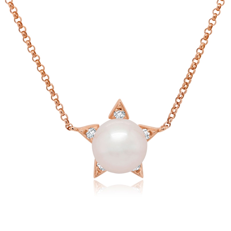 0.06Ct 14K Rose Gold Diamond & Cultured Pearl Star Necklace