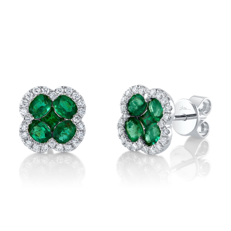 0.33Ct Diamond & 1.29Ct Emerald 14K White Gold Clover Stud Earrings