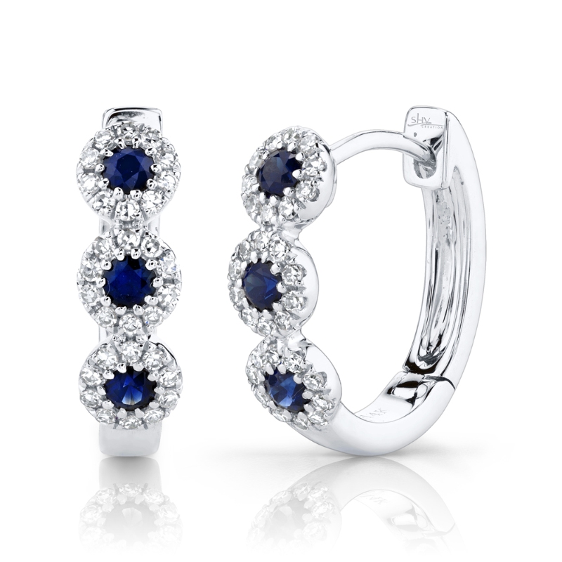 0.15ct Diamond & 0.30ct Blue Sapphire 14k White Gold Huggie Earrings