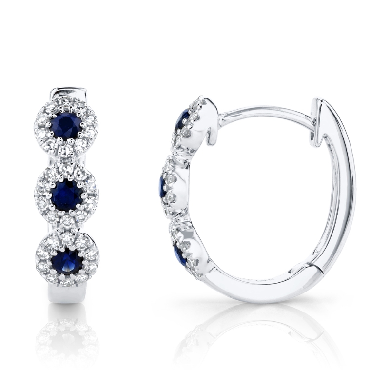 0.15Ct Diamond & 0.30Ct Blue Sapphire 14K White Gold Huggie Earring