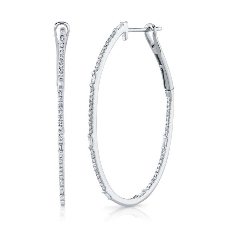0.44Ct 14K White Gold Diamond Baguette Oval Hoop Earrings
