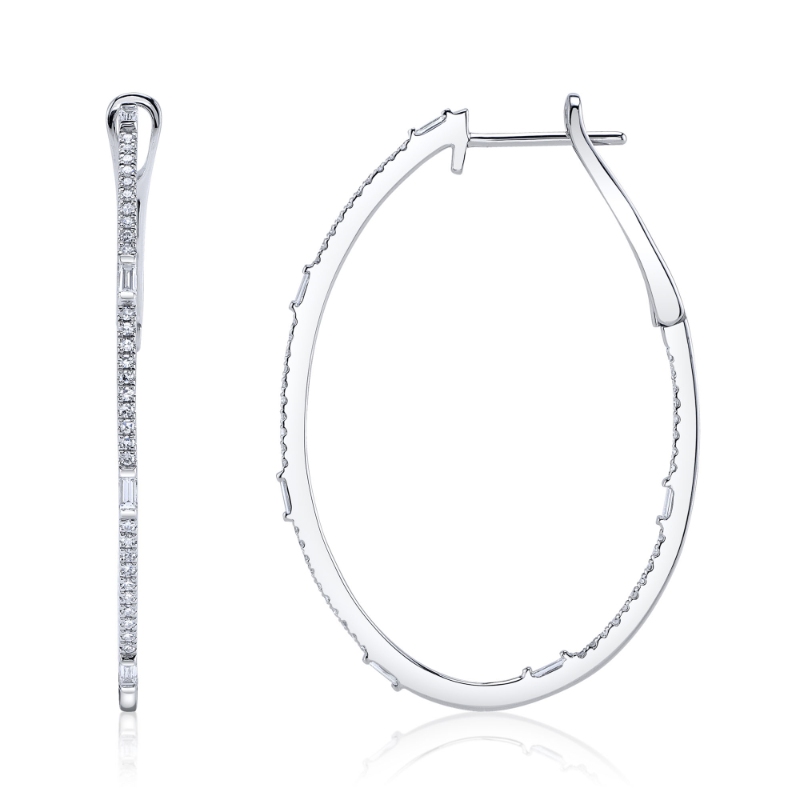 0.44Ct 14K White Gold Diamond Baguette Oval Hoop Earring