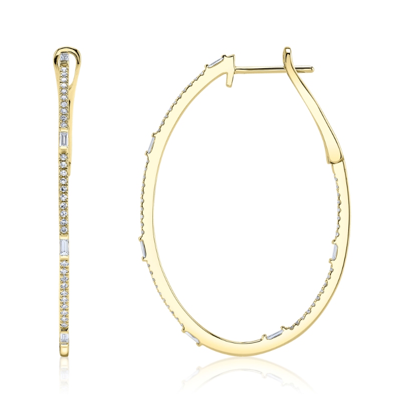 0.44Ct 14K Yellow Gold Diamond Baguette Oval Hoop Earring