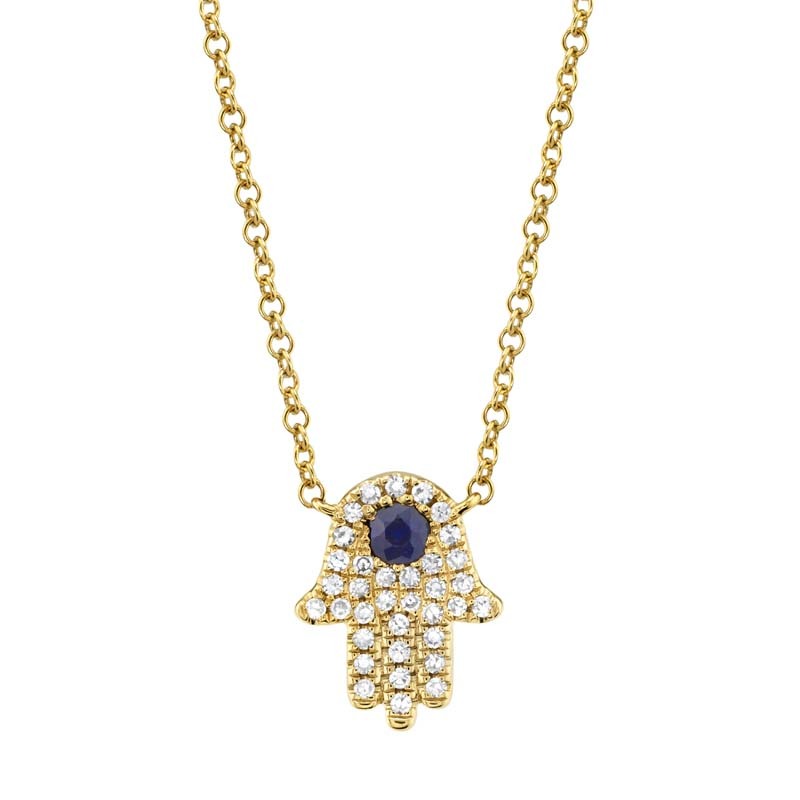 0.09Ct Diamond & 0.08Ct Blue Sapphire 14K Yellow Gold Hamsa Necklace